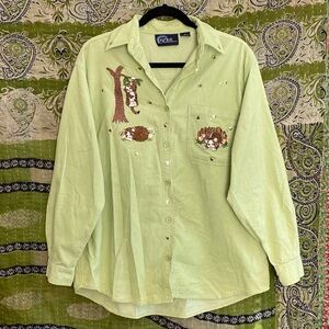 Vintage 90s Las Olas Green Corduroy Embroidered Cat Button Down Top Size Medium